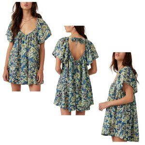 FREE PEOPLE "Kauai Getaway" Tunic Mini Dress Flutter Sleeve Blue/Green Floral L